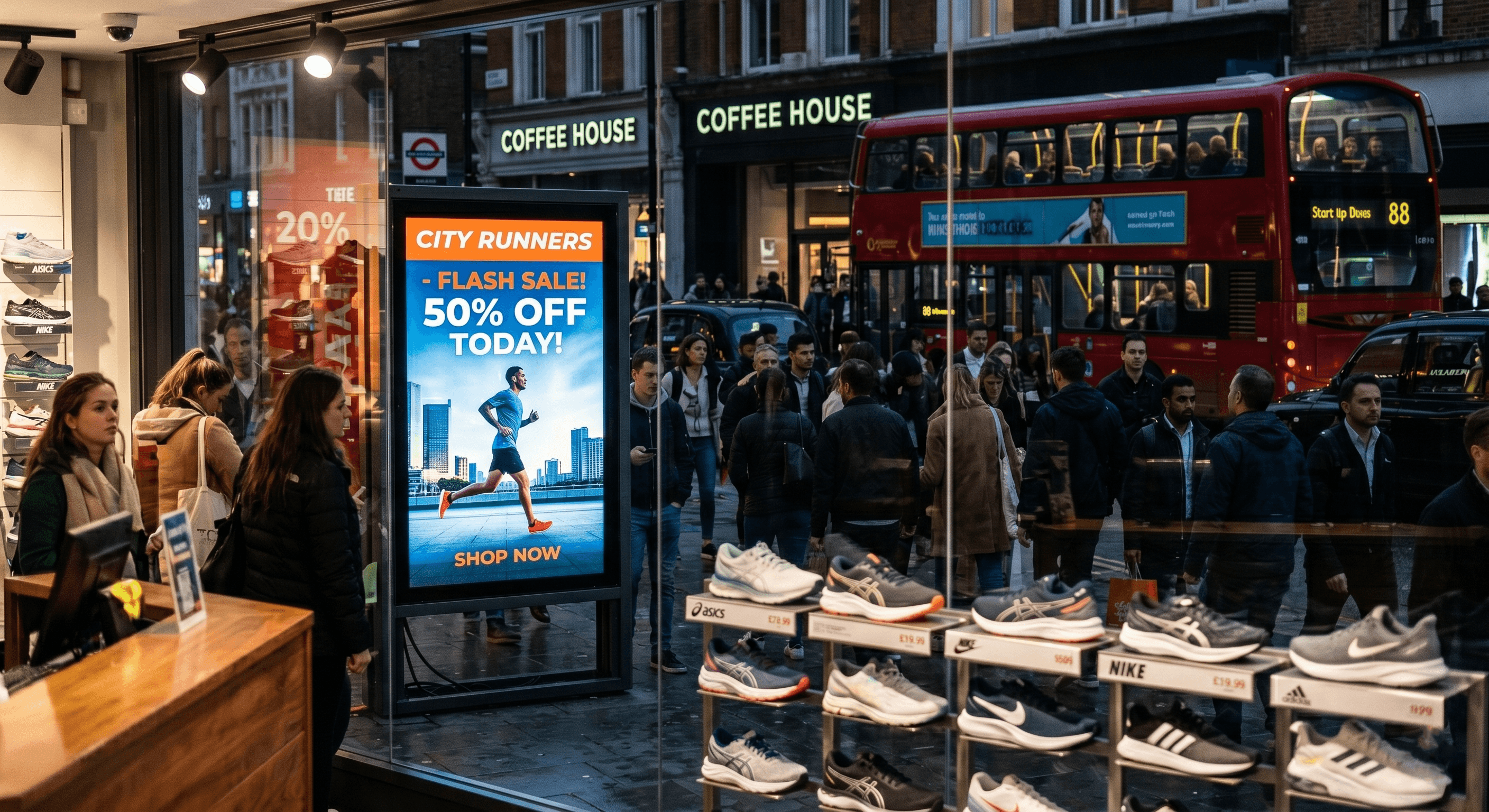 Modern digital signage display contrasting with traditional environment